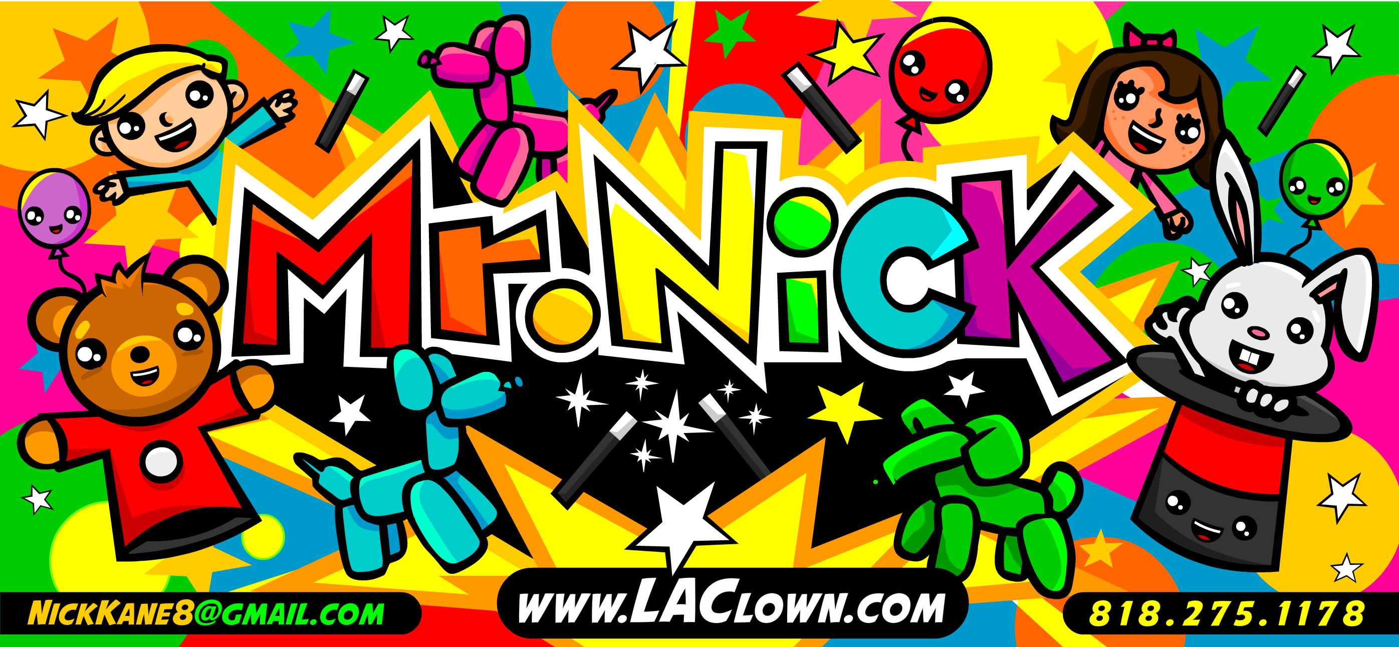 Mr. Nick LA Clown illustrated poster with magic, balloons, puppets, email and phone number